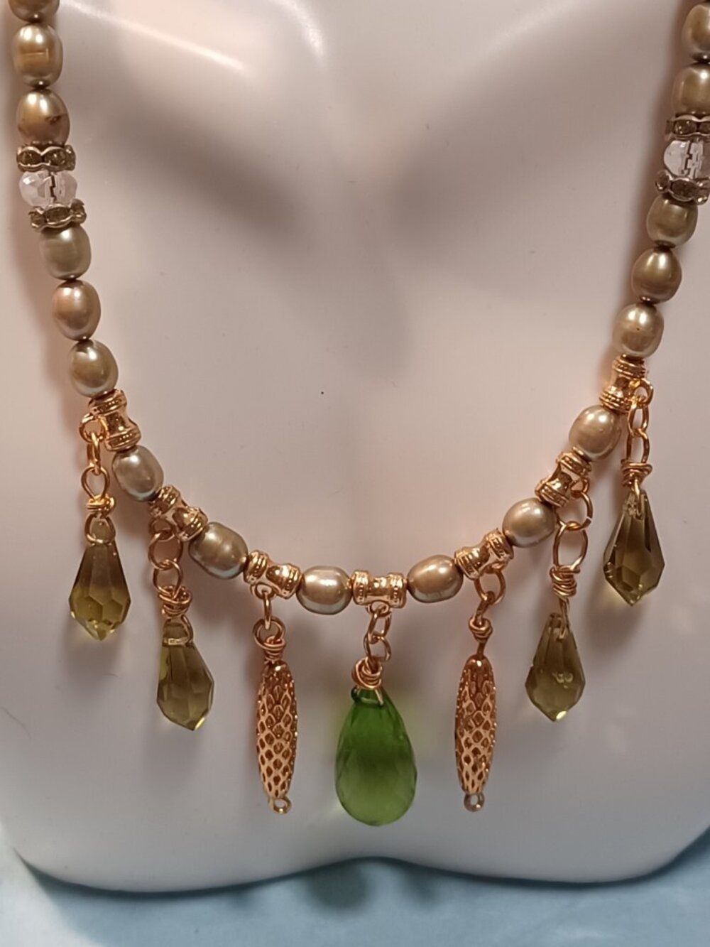 Soft Sage Green Freshwater Pearl & Crystal Necklace